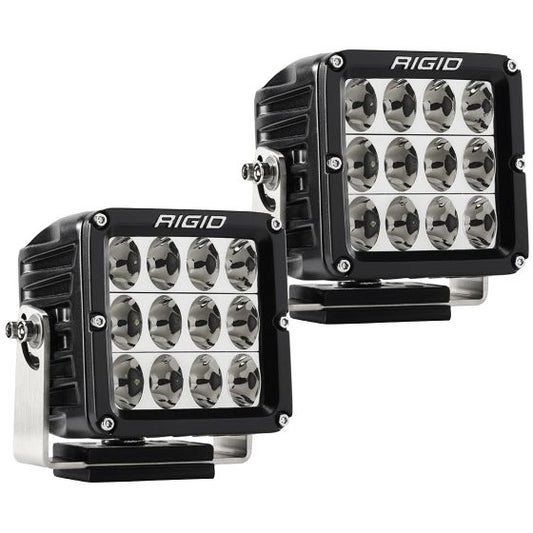 Pair of Rigid Industries Dually XL LED pod lights with driving beam pattern, featuring high-output reflectors and black aluminum housings, shown in a clean white studio view.