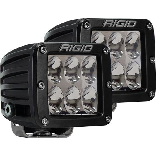 Pair of Rigid Industries D-Series Pro LED pod lights with driving beam pattern, compact black housings, and high-intensity optics, ideal for off-road and auxiliary lighting setups.