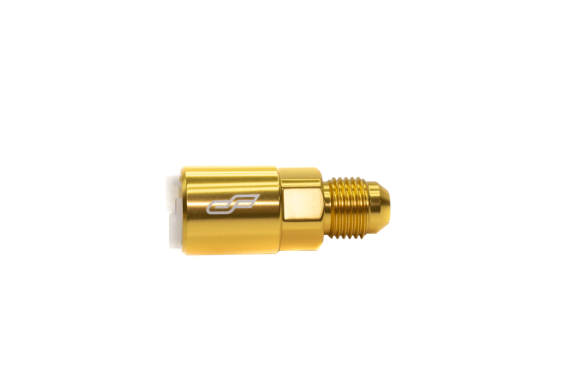 Color Fittings EFI Connector -6 AN to Quick Connect in gold, used for adapting OEM quick connects to aftermarket AN fittings and tubing