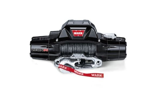 WARN ZEON 8-S winch with synthetic rope and polished aluminum hawse fairlead, ideal for off-road recovery and 4x4 vehicles, shown in a front-facing product view on a clean white background.